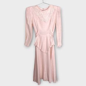 Vtg Dawn Joy Dress Sz 11/12 Pink Long Sleeves Pads Puff Shoulder Lace Collar Mid